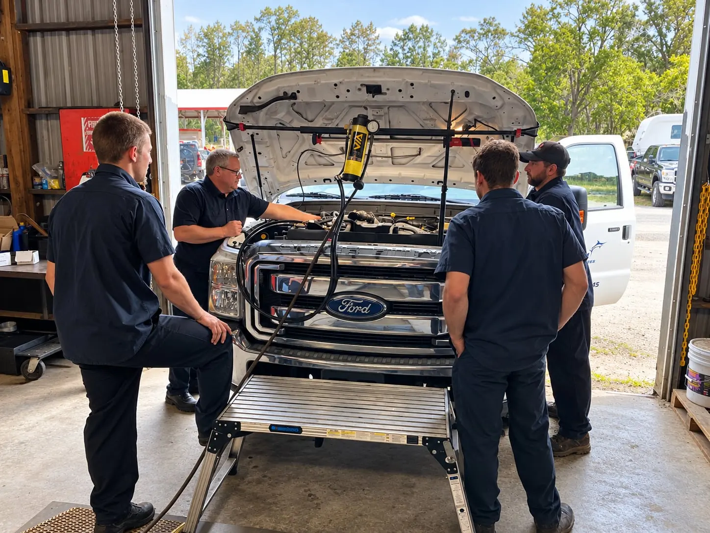 RDI Power technician diagnosing a heavy-duty diesel engine in the Brooksville shop