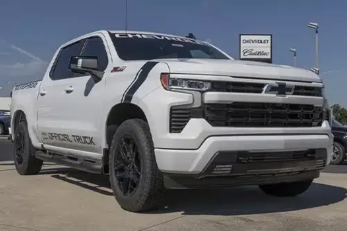 Chevrolet Silverado 1500 display. Chevy offers the Silverado in WT, Trail Boss, LT, RST, and Custom models.